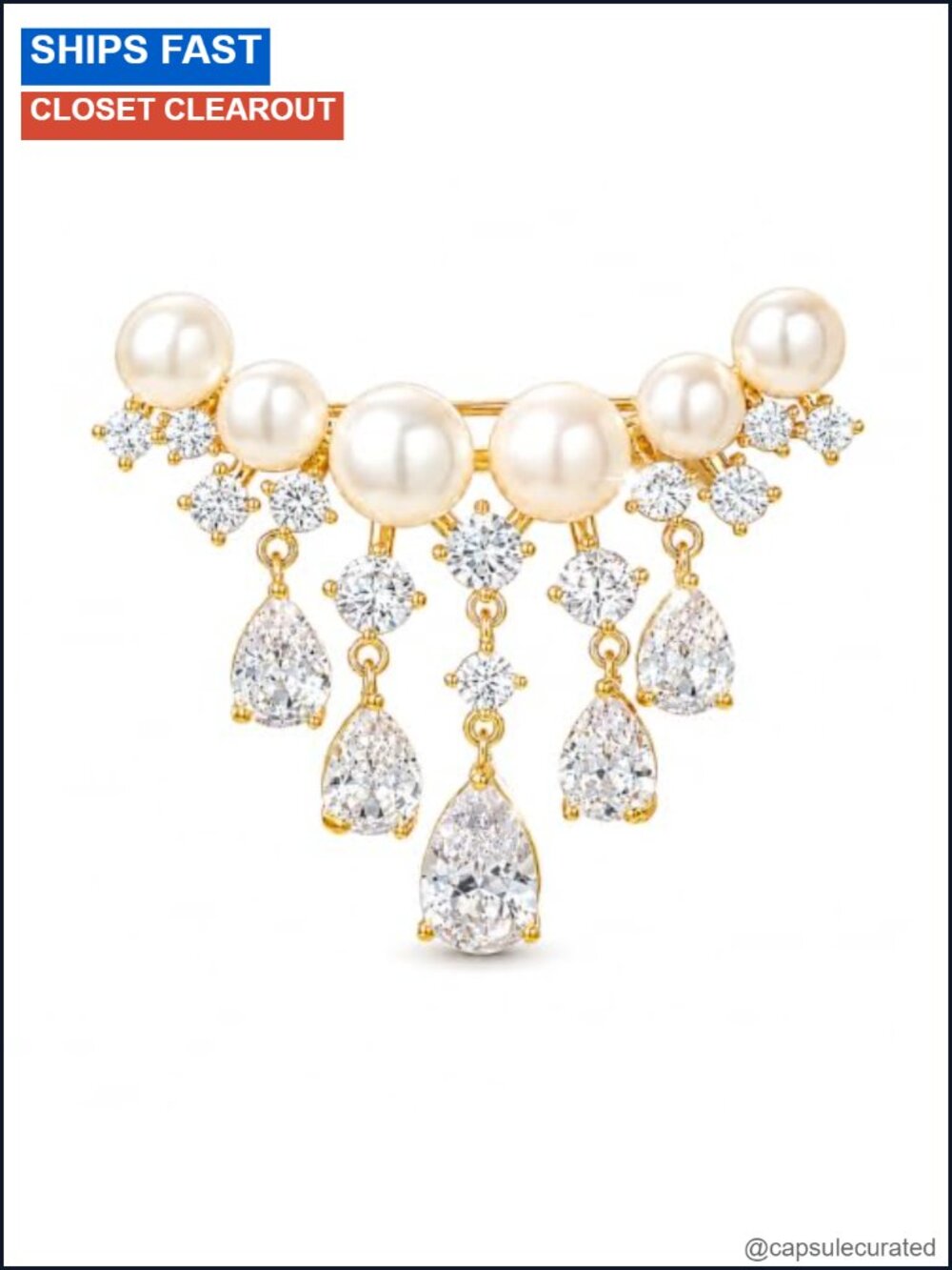 Gold Plated Freshwater Pearl Zirconia Tassel Brooch Pin Lapel